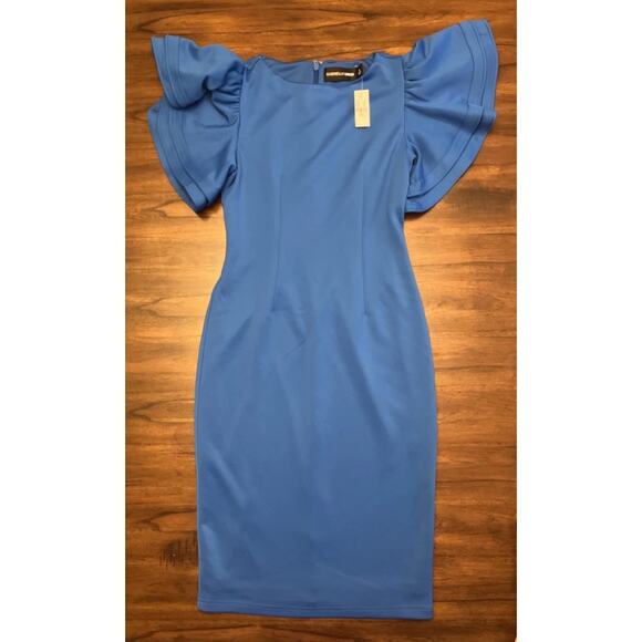 Gabrielle Union Peacock Blue Ruffle Cap Sleeve Lined Knee Length Dress Wmn Sz S - Picture 1 of 9